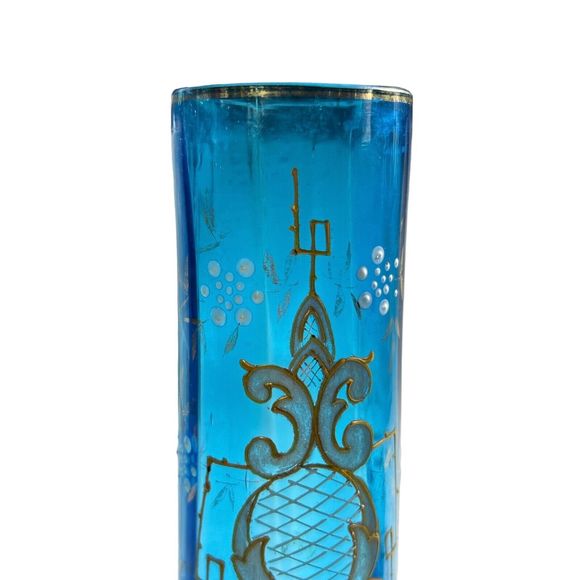 Rare Vintage Hand Painted Blue and Gold Enameled Glass Bud Vase - Picture 7 of 8